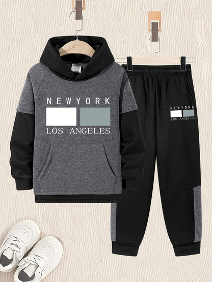 2pcs Boys' Oversized Hooded Sweatsuit & Jogger Pants Set with Letter Print - Beige & Brown Casual Winter Outfits, Thick Warm Fabric, Machine Washable, Pockets, Elastic Waist & Cuffed Hem for Play & Casual Attire - Ideal for L