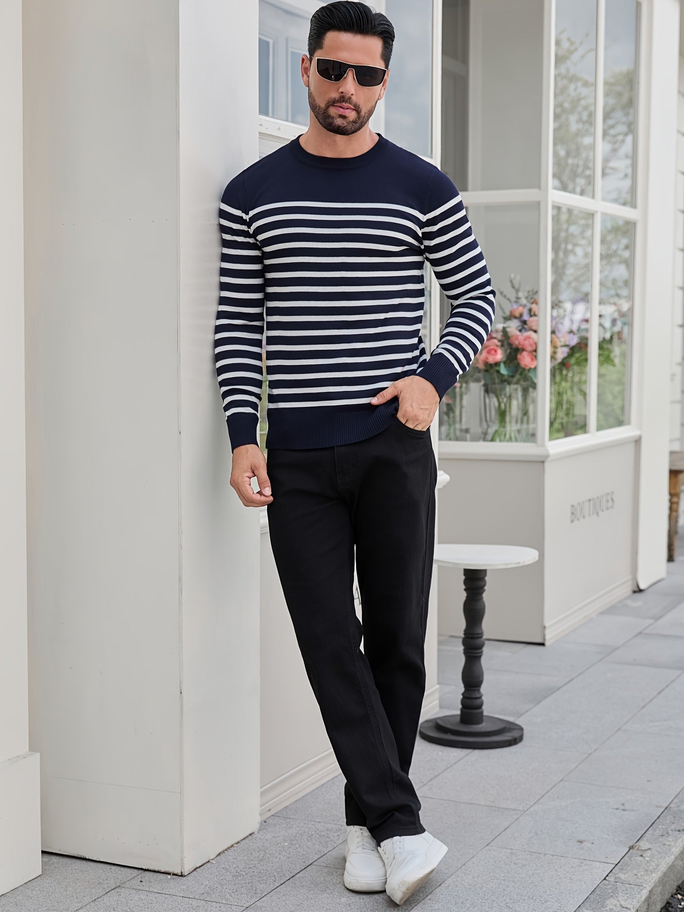 Գարնանային և աշնանային ամենօրյա երկգույն գծավոր տղամարդու սվիտեր-պուլովեր՝ գունավոր բլոկներով, կլոր վզնոցով, տղամարդու տրիկոտաժե վերնաշապիկ