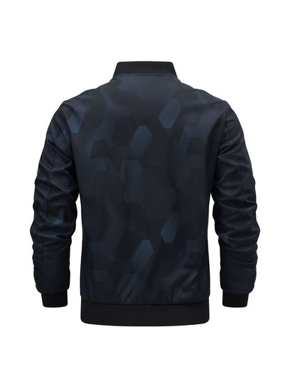 Men'S Camo Baseball Jacket - Full-Body Print Outdoor Sports Coat with Zipper Closure, Regular Fit Casual Preppy Style, Polyester Lining & Non-Stretch Fabric for Spring & Year-Round Wear, Durable Fabric Coat, Active Lifestyle,