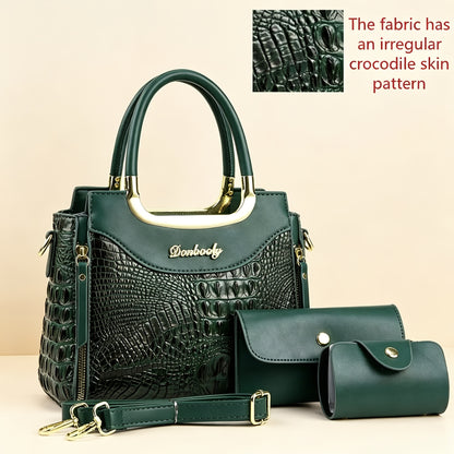 Elegant Crocodile Pattern Women’s Handbag Set with Adjustable Strap