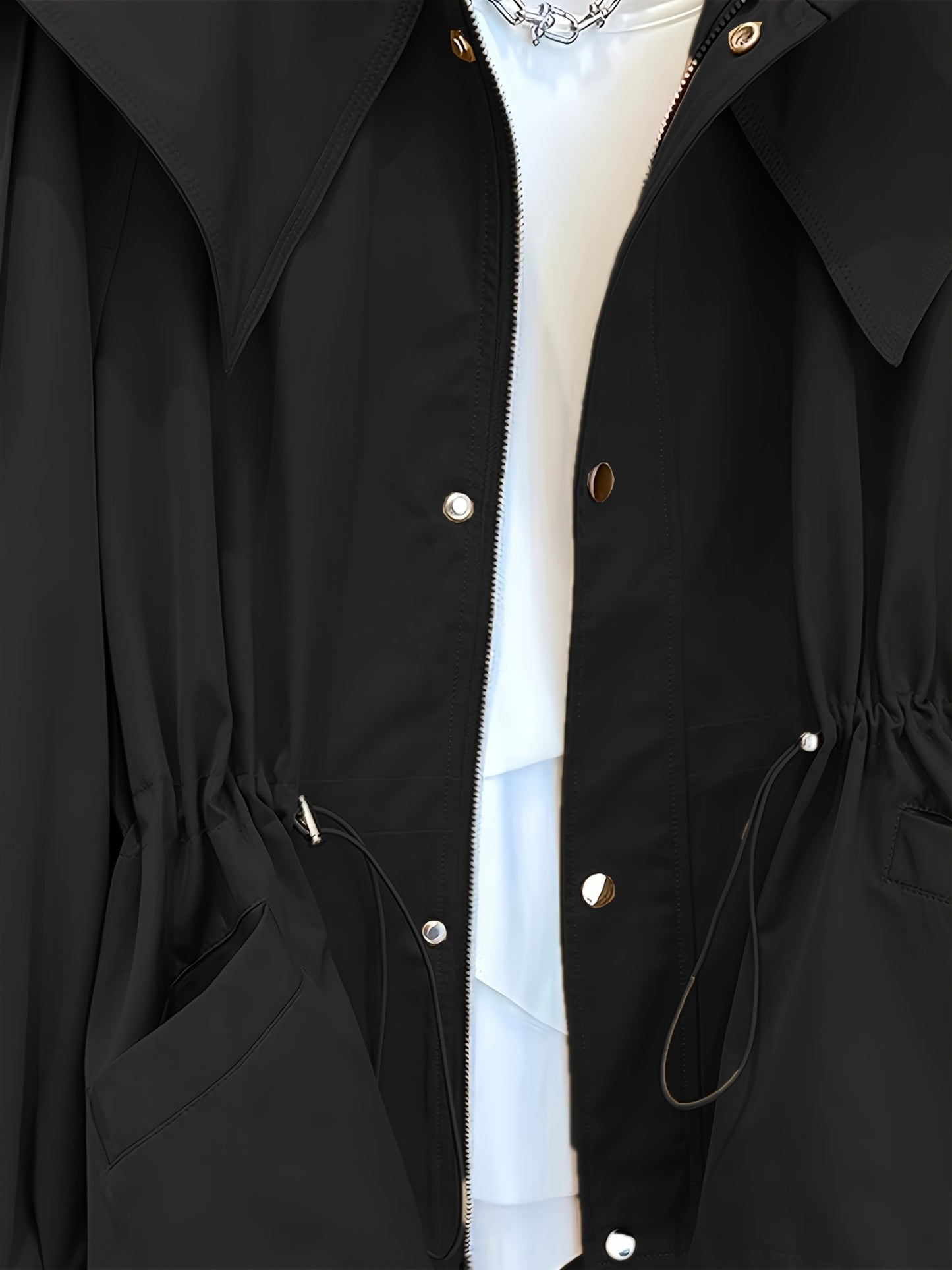 Կանացի միագույն պոլիեսթերային վերարկու՝ լարով գոտկատեղի, օձիքի և կրծքավանդակի գրպաններով - Գարնանային և աշնանային նորաձևություն, հարմարավետ, չձգվող գործվածք, ամենօրյա վերնազգեստ | Դասական երկար թևքեր | Չձգվող նյութ