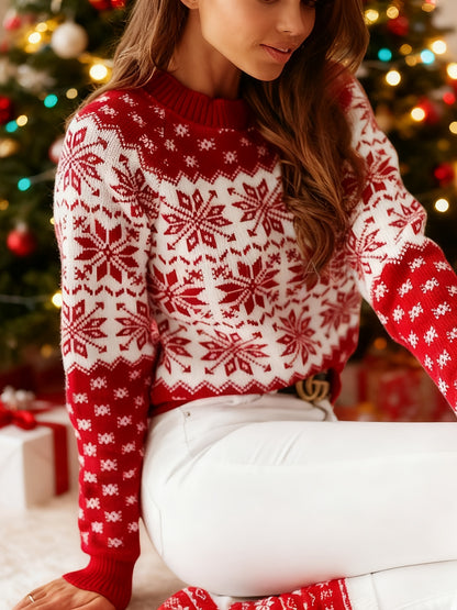 Women'S Elegant Red & Sweater - Cozy Winter Pullover with Snowflake Pattern, Round Neck, Long Sleeve, All-Season Comfort, Perfect for Christmas & New Year Celebrations, Winter Clothes For Women, Casual Wear | Snowflake Design