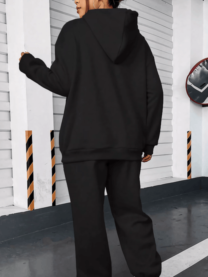 Women'S 2024 New Year Sweatshirt and Pants Set, Hooded Long Sleeve Casual Outfit with Pockets, Polyester Knit Fabric, Geometric Pattern, for Autumn/Winter Season