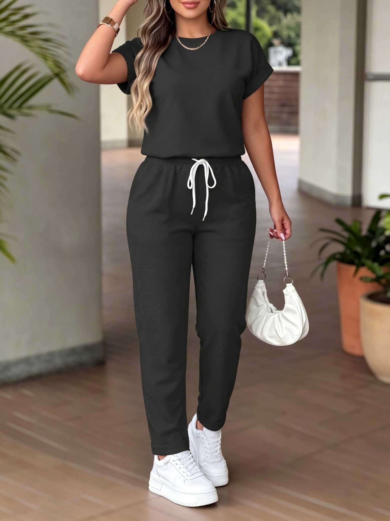 Spring Summer Women'S Set, Casual Comfortable Solid Short Sleeve Top And Versatile High-Waist Drawstring Straight Leg Pants 2pcs Outfit - ayq