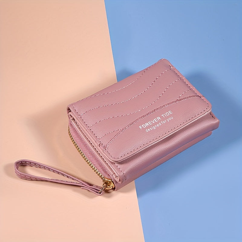 2024 New Women'S Short Wallet, Korean Style Zippered Coin Purse, Simple Design, Tri-Fold Multifunctional Faux Leather Card Holder.
