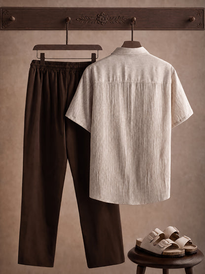 Men's Summer Solid Color Breathable Short Sleeve Shirt & Pants Set