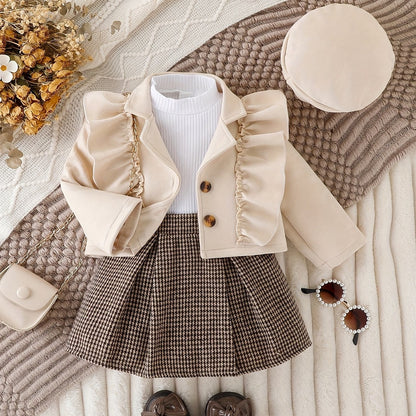 Vintage Girls Set, Ruffle Trim Long Sleeve Lapel Top + Box Pleated Plaid Skirt + Matching Beret, Winter/ Fall Clothes, Casual Outdoor, Party, Gift