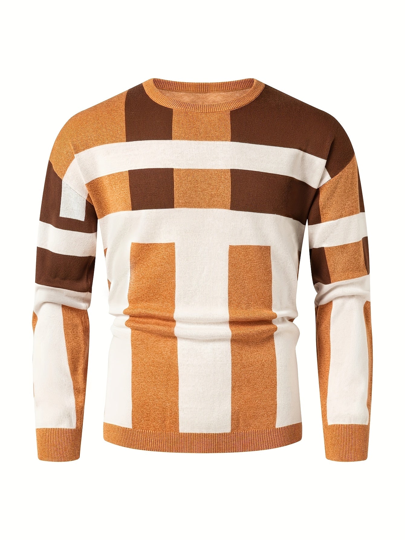 Men's Round Neck Casual Striped Warm Sweater Fashion Knit Pullover Top