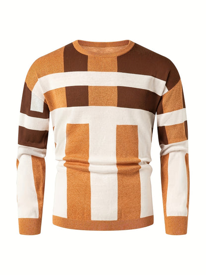 Men's Round Neck Casual Striped Warm Sweater Fashion Knit Pullover Top