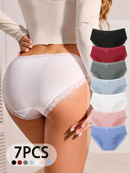 7pcs Women's High-Waisted Ribbed Briefs with Lace Trim - Soft & Breath
