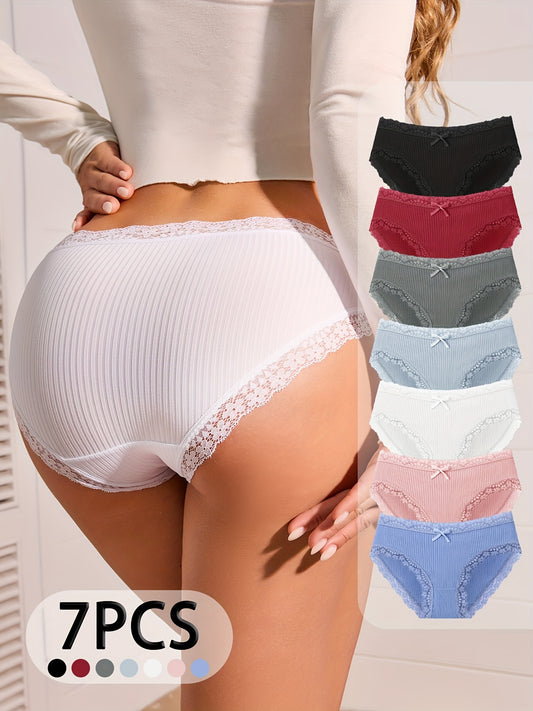 7pcs Women's High-Waisted Ribbed Briefs with Lace Trim - Soft & Breath - ayq