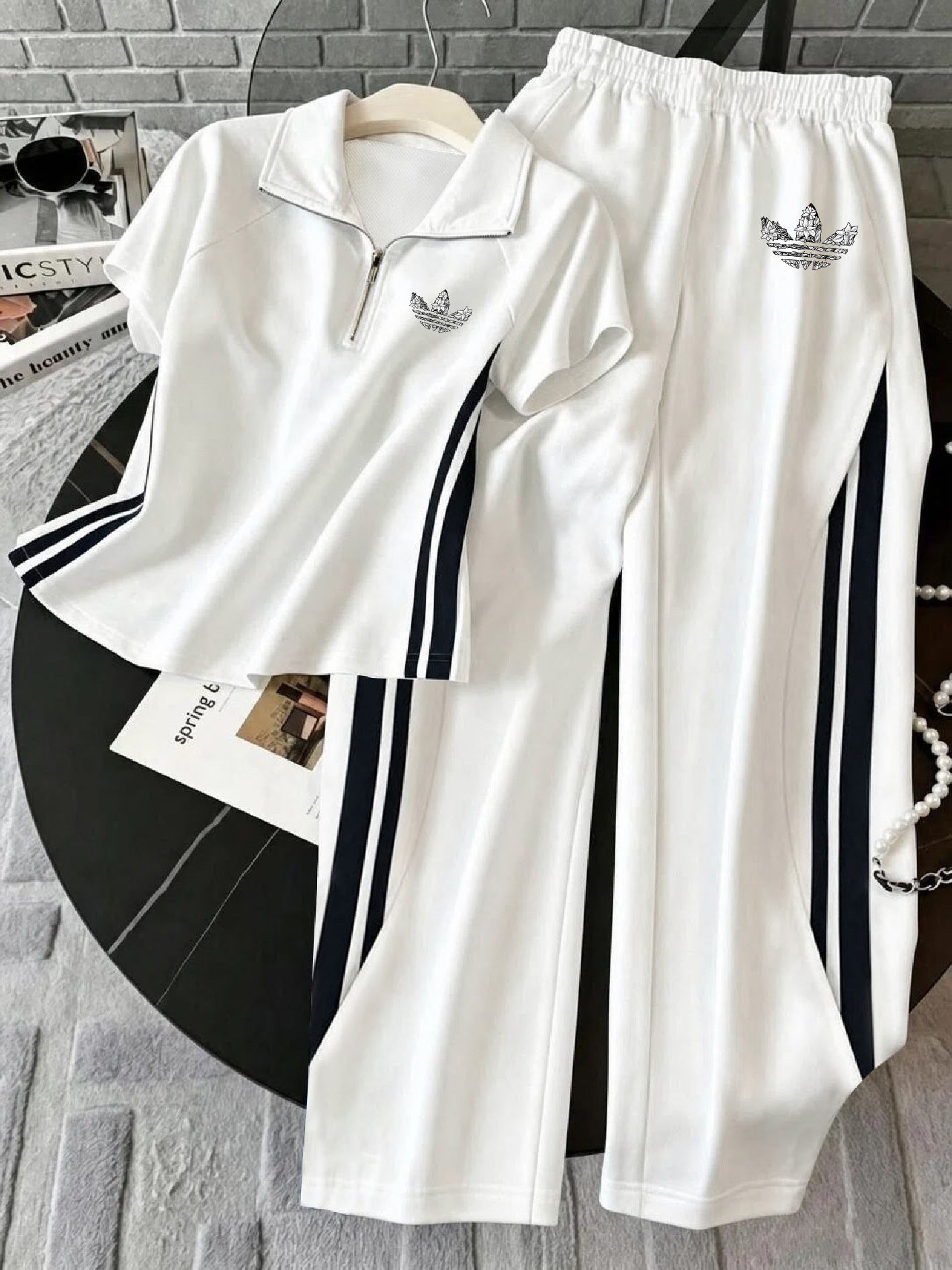 Retro Polo Neck Top & Wide Leg Pants Set with Side Stripe