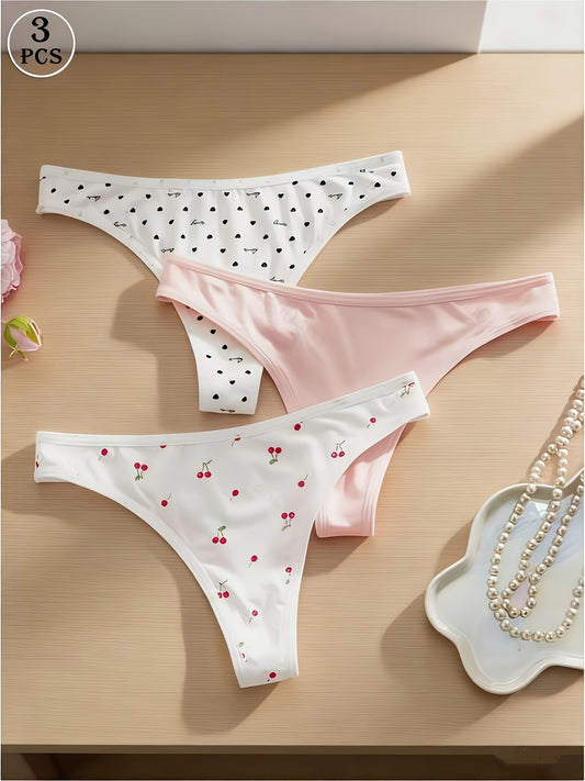 3pcs Women’s Cute Cherry Print Seamless Low Rise Thong Set - ayq