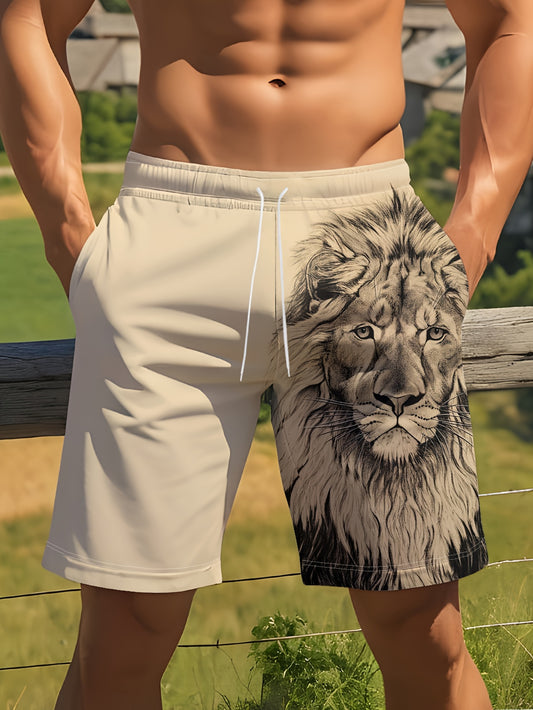 Men'S Summer Casual Shorts Featuring a Unique Lion Print And a Scenic Design, Perfect for The Beach.
