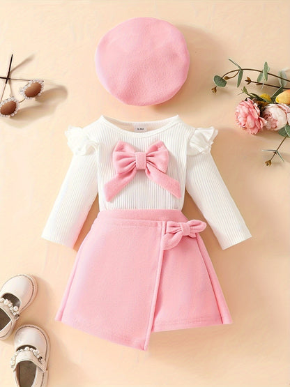 Honey Style Knitted Fabric Crew Neck Long Sleeve T-Shirt with Solid Color Flared Skirt and Beret Set for - Bow Detail Knee High Medium Stretch Fall/Winter Outfit
