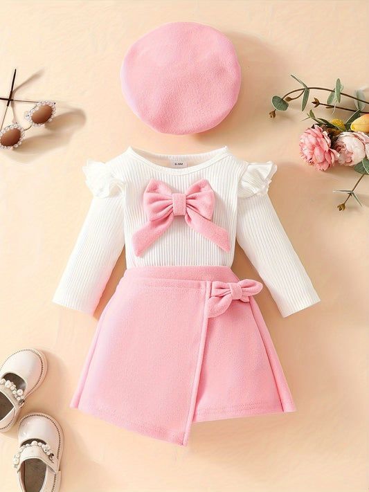 Honey Style Knitted Fabric Crew Neck Long Sleeve T-Shirt with Solid Color Flared Skirt and Beret Set for - Bow Detail Knee High Medium Stretch Fall/Winter Outfit