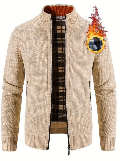 Men's Solid Fleece Knitted Cardigan With Pockets, Casual Long Sleeve Turtle Neck Zip Up Warm Sweater For Winter Fall Outdoor Activities
