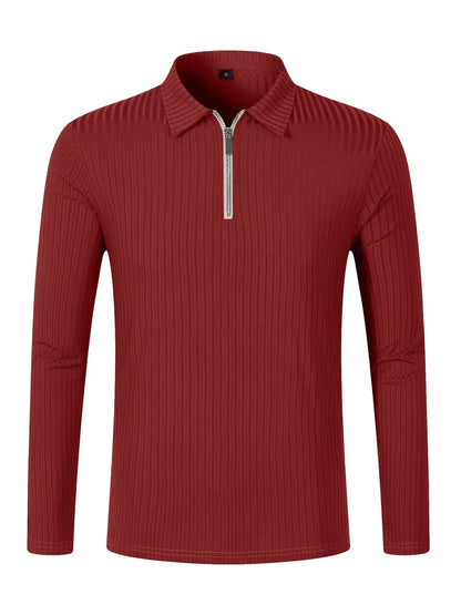 Men's Casual Sports Ribbed Long Sleeve Zipper Lapel Golf Shirt, Spring And Fall