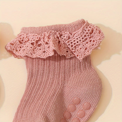6 Pairs Baby Girl's Lace Short Crew Socks, Breathable Comfy Casual Socks Fashion Socks