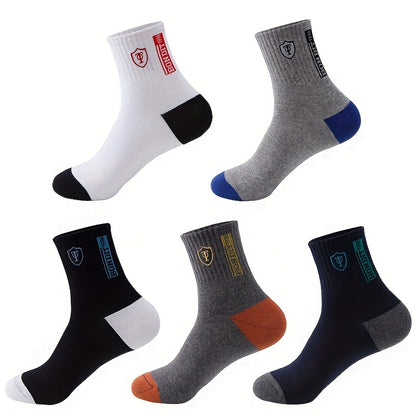 6 Pairs Men'S Cotton Sports Socks, Embroidered Sweat-Wicking Knit Fabric, Machine Washable, Mixed Color, Uncharged - No Box Included