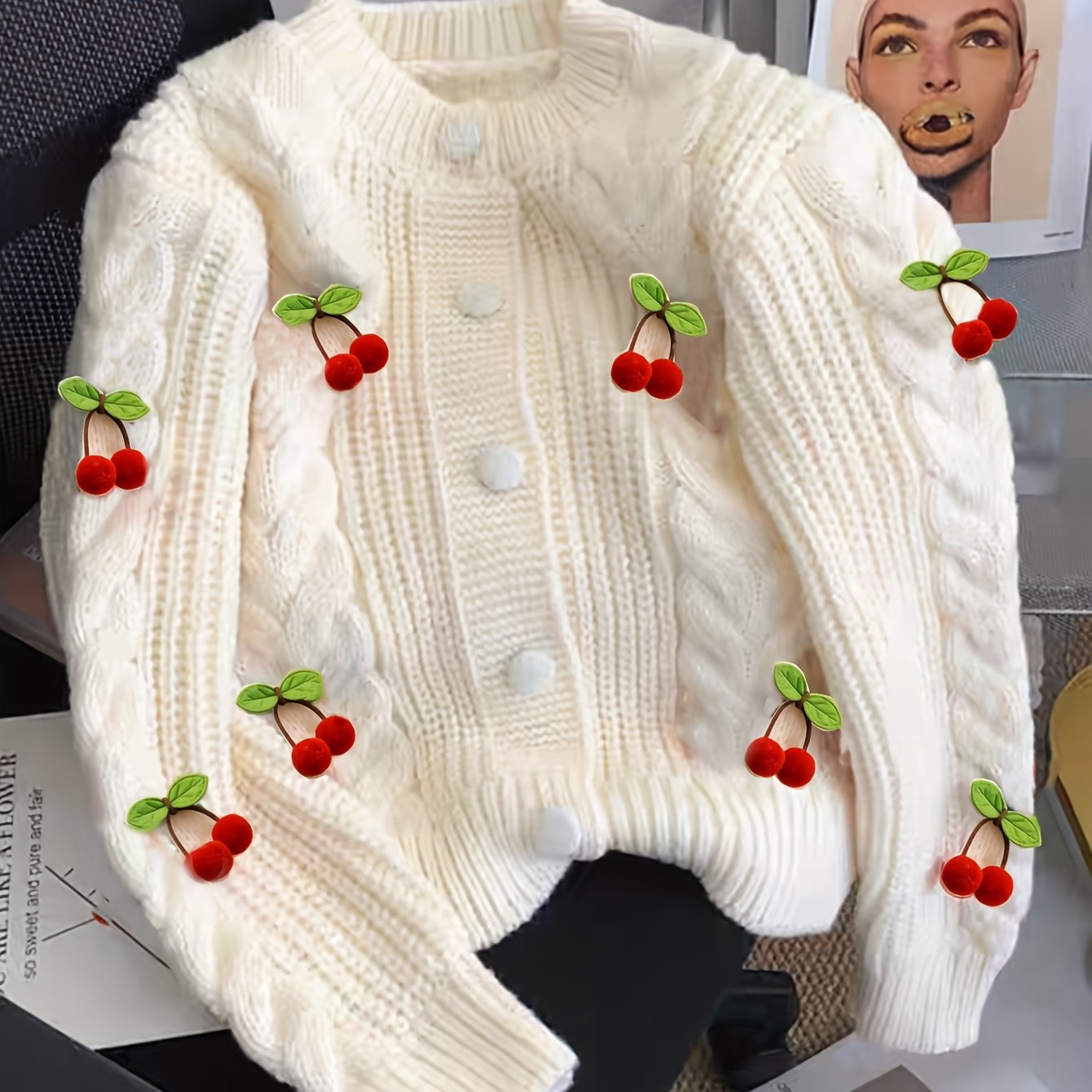 Women'S Purple Cable Cardigan with Cherry & Leaf Embellishments - Cozy Button-Up Sweater for Fall & Winter, Soft & Stylish Design, Perfect for Casual or Holiday Outfits, Winter Cardigan | Cable Cardigan | Buttoned Closure, Sw