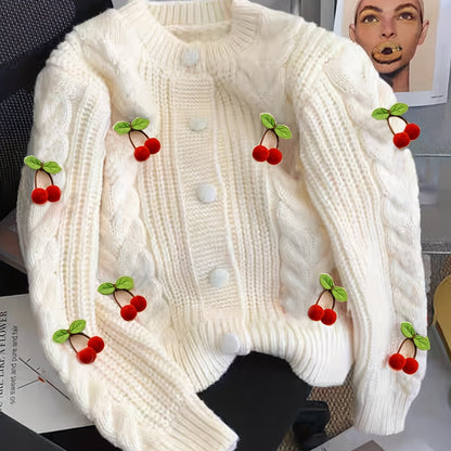 Women'S Purple Cable Cardigan with Cherry & Leaf Embellishments - Cozy Button-Up Sweater for Fall & Winter, Soft & Stylish Design, Perfect for Casual or Holiday Outfits, Winter Cardigan | Cable Cardigan | Buttoned Closure, Sw