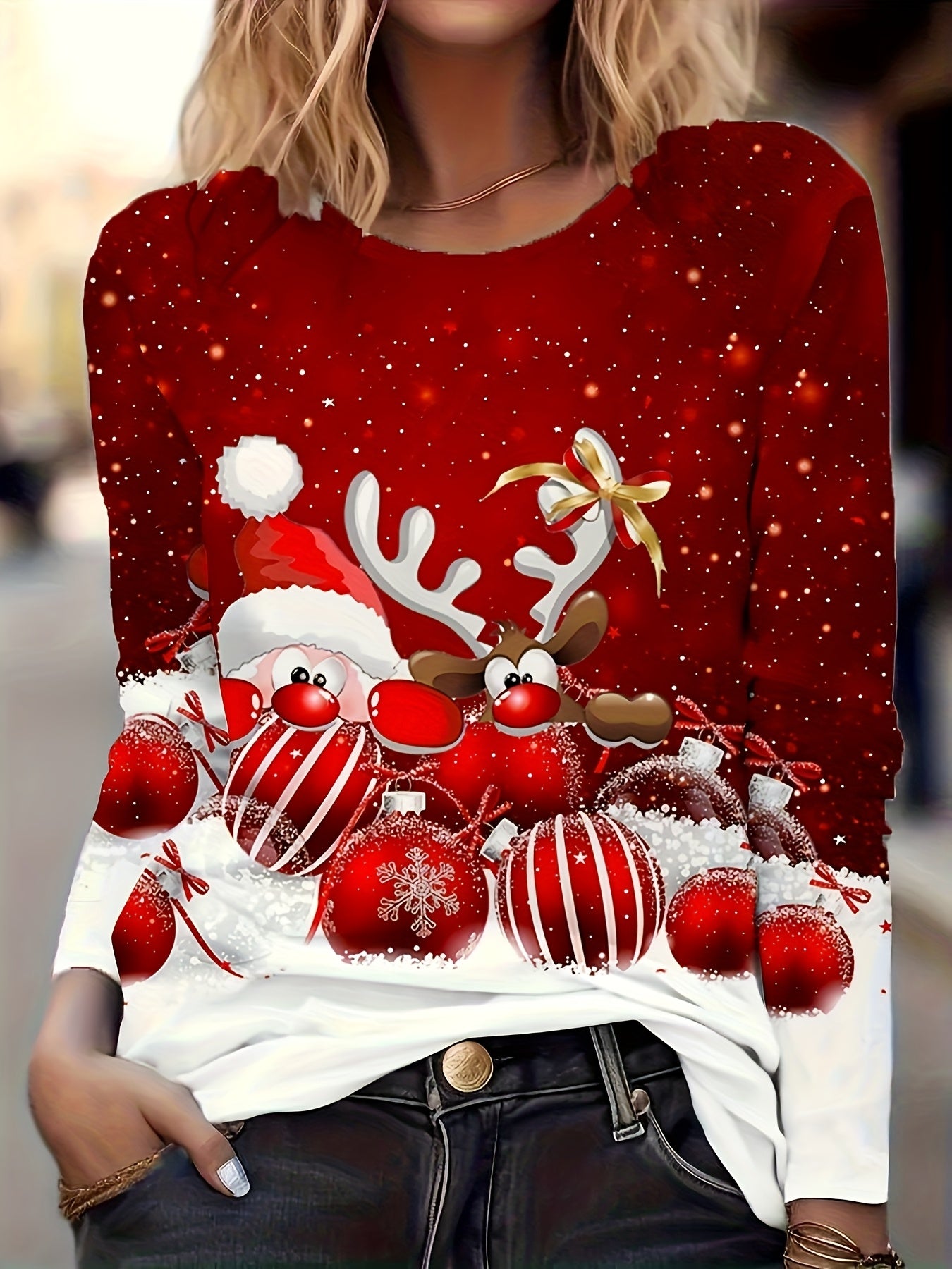 Women's Elegant Red Christmas Sweater - Long Sleeve Round Neck Blouse with Santa & Reindeer Print (Rudolph, Bells) - Machine Washable Holiday Party Outfit, Casual Winter Top for Xmas, Gift for Her