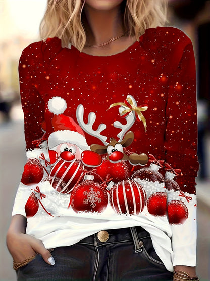 Women's Elegant Red Christmas Sweater - Long Sleeve Round Neck Blouse with Santa & Reindeer Print (Rudolph, Bells) - Machine Washable Holiday Party Outfit, Casual Winter Top for Xmas, Gift for Her