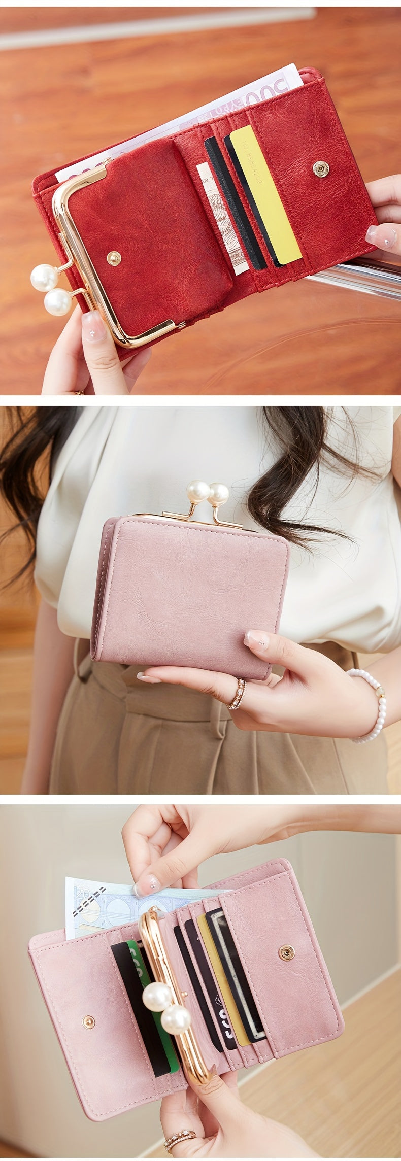 Women's Wallet Short Compact Three Layer LargeCapacity Retro Pearl Wallet High Quality PU Multi Card Seat/Coin ZeroWallet