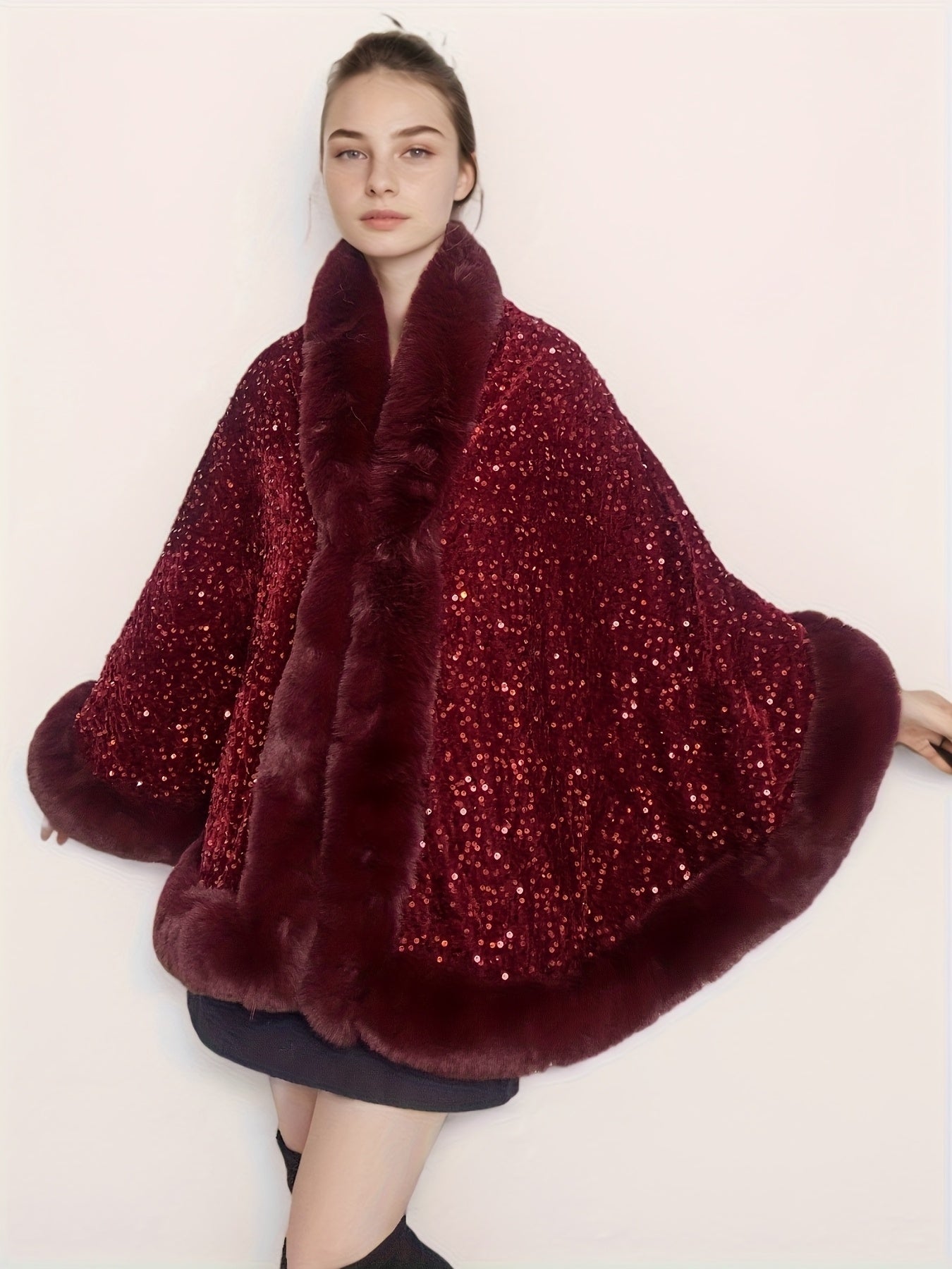 Մեծ չափսի կանացի էլեգանտ շալ-թիկնոց-պոնչո - շքեղ շագանակագույն թիկնոց՝ փայլուն հմայքով, խիտ ձմեռային վերարկու երեկույթների, պաշտոնական միջոցառումների համար՝ չձգվող գործվածք, հեշտ խնամվող էլեգանտ փաթաթան ամենօրյա հատուկ առիթների համար, երեկույթի հագուստ, C