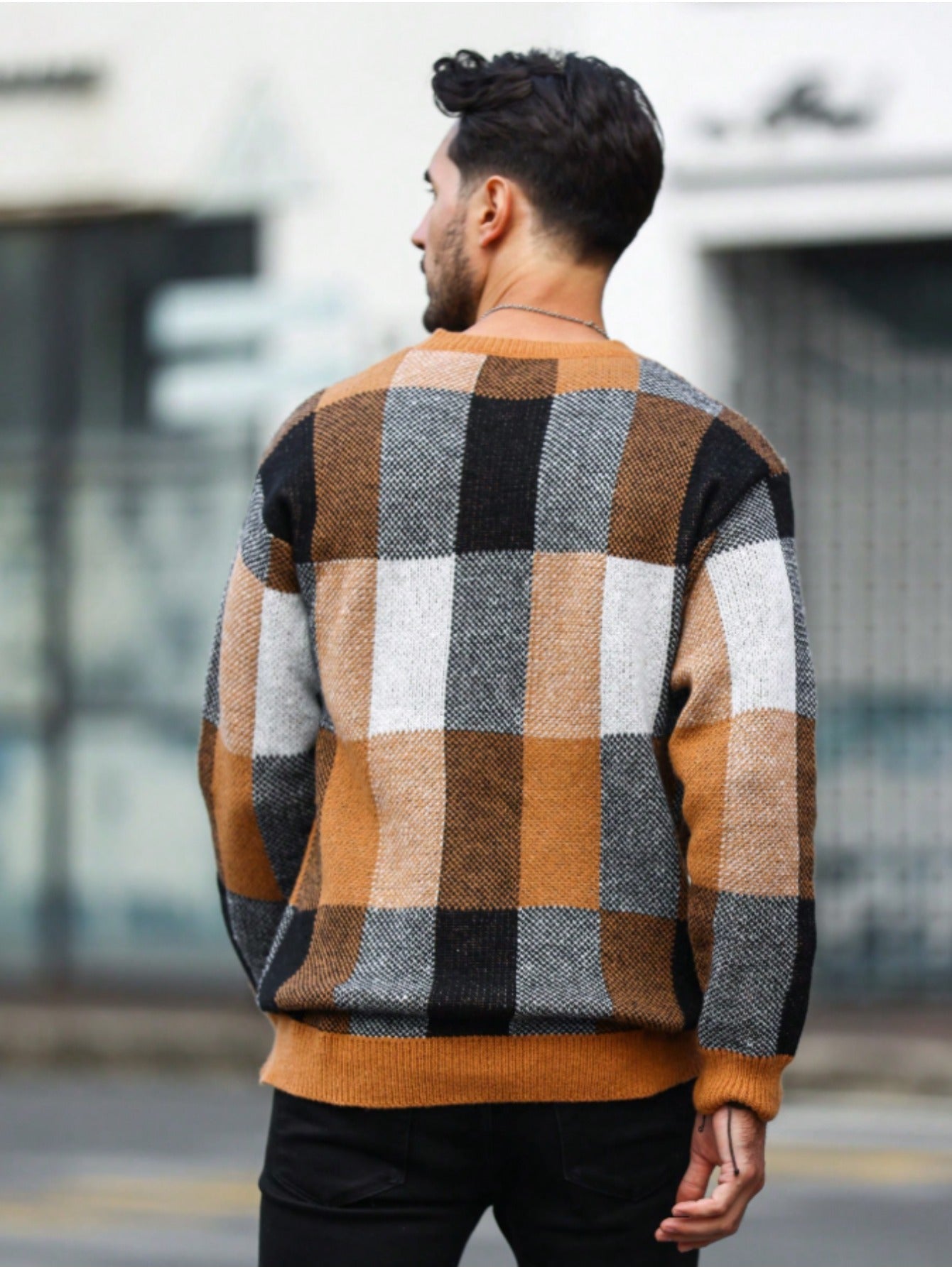 Men'S Casual Plaid Crew Neck Knit Sweater | Loose Fit, Long Sleeve, Fashionable Color Block Design, Suitable for Fall/Winter