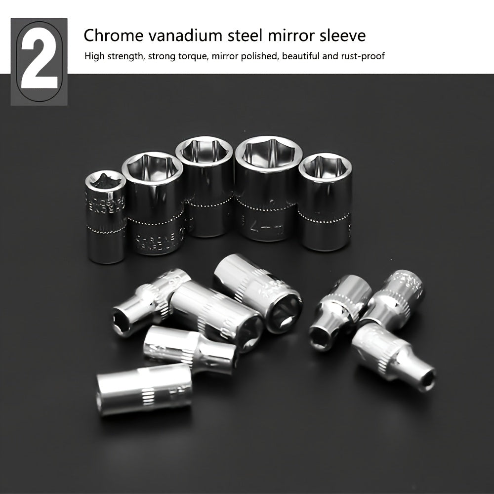 46pcs Heavy-duty Carbon Steel Auto Repair Tool Set | Includes Ratchet Wrenches, Sockets, Shockproof Toolbox, and Additions - Ideal for Projects and Auto Maintenance