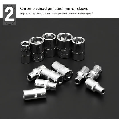 46pcs Heavy-duty Carbon Steel Auto Repair Tool Set | Includes Ratchet Wrenches, Sockets, Shockproof Toolbox, and Additions - Ideal for Projects and Auto Maintenance