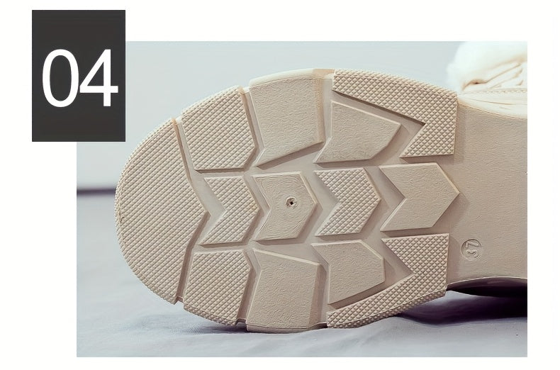 Women'S Winter Boots - Thick Platform Sole for Height & Traction, Lace-Up Mid-Calf Boots with PU Synthetic Cover Upper, Non-Slip PVC Outsole - Beige/White Cold Weather Shoes for Everyday, Formal, Party - Easy-Clean & Durable