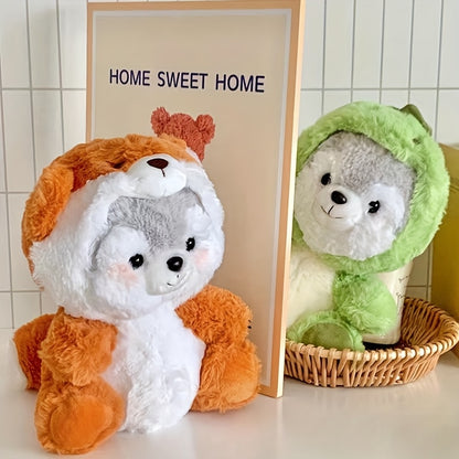 20Cm/7.87In - Adorable Transforming Husky Plush Toy, Featuring a Dinosaur, Pig, Fox, And Koala Headgear. Perfect for Home Decor And an Excellent Choice for Birthday Gifts