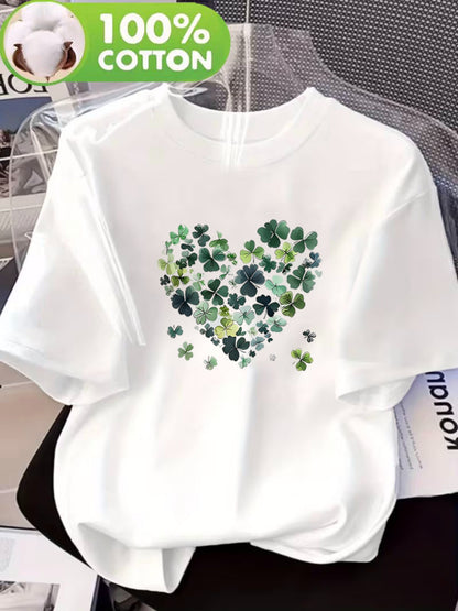 Women's Casual Cotton T-Shirt with Clover Heart Print