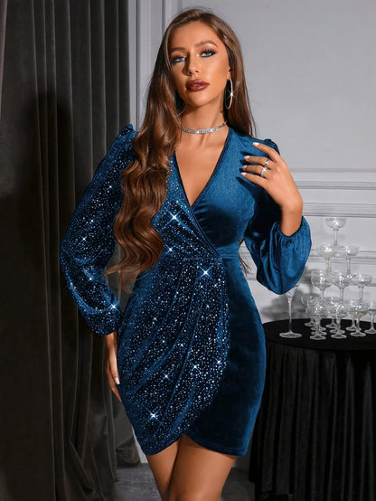 Women's Sparkling Sequin Bodycon Dress with -Neck Puff Sleeve & Wrap Hem - Shimmery Party Dress Suitable for Christmas, New Year's Eve, Valentine's Day - Elegant Machine-Washable Outfit