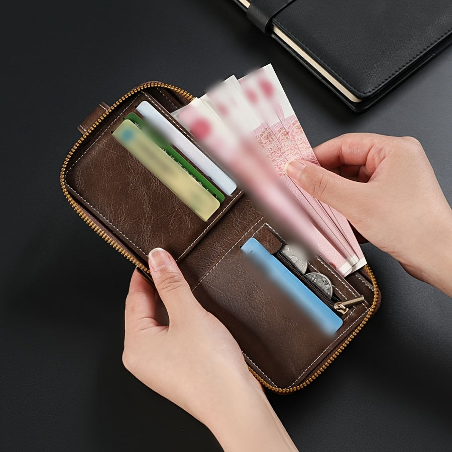 Customized Men's PU Wallet with Premium Vintage Zipper Design, Multi-Layer Coin and Card Holder, Compact Credit Slot & Coin Purse. Ideal Personal Gift for Daily Use as a Fashion Accessory
