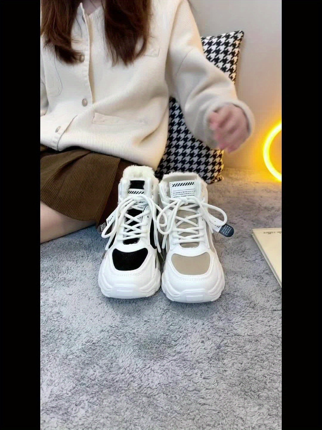 Women's Plush Fleece-Lined High-Top Sneakers - Thick-Soled Winter Warm Lace-Up Shoes with PU Upper & Cushioned PVC Sole, White/Black/Grey Chunky Dad Shoes (Cozy Round Toe) - Instagram Trendy Winter Footwear by I Trend