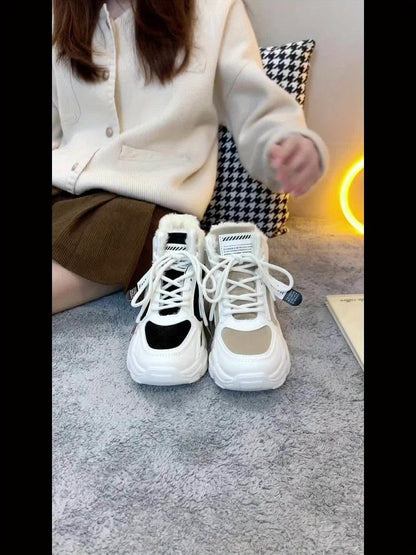 Women's Plush Fleece-Lined High-Top Sneakers - Thick-Soled Winter Warm Lace-Up Shoes with PU Upper & Cushioned PVC Sole, White/Black/Grey Chunky Dad Shoes (Cozy Round Toe) - Instagram Trendy Winter Footwear by I Trend