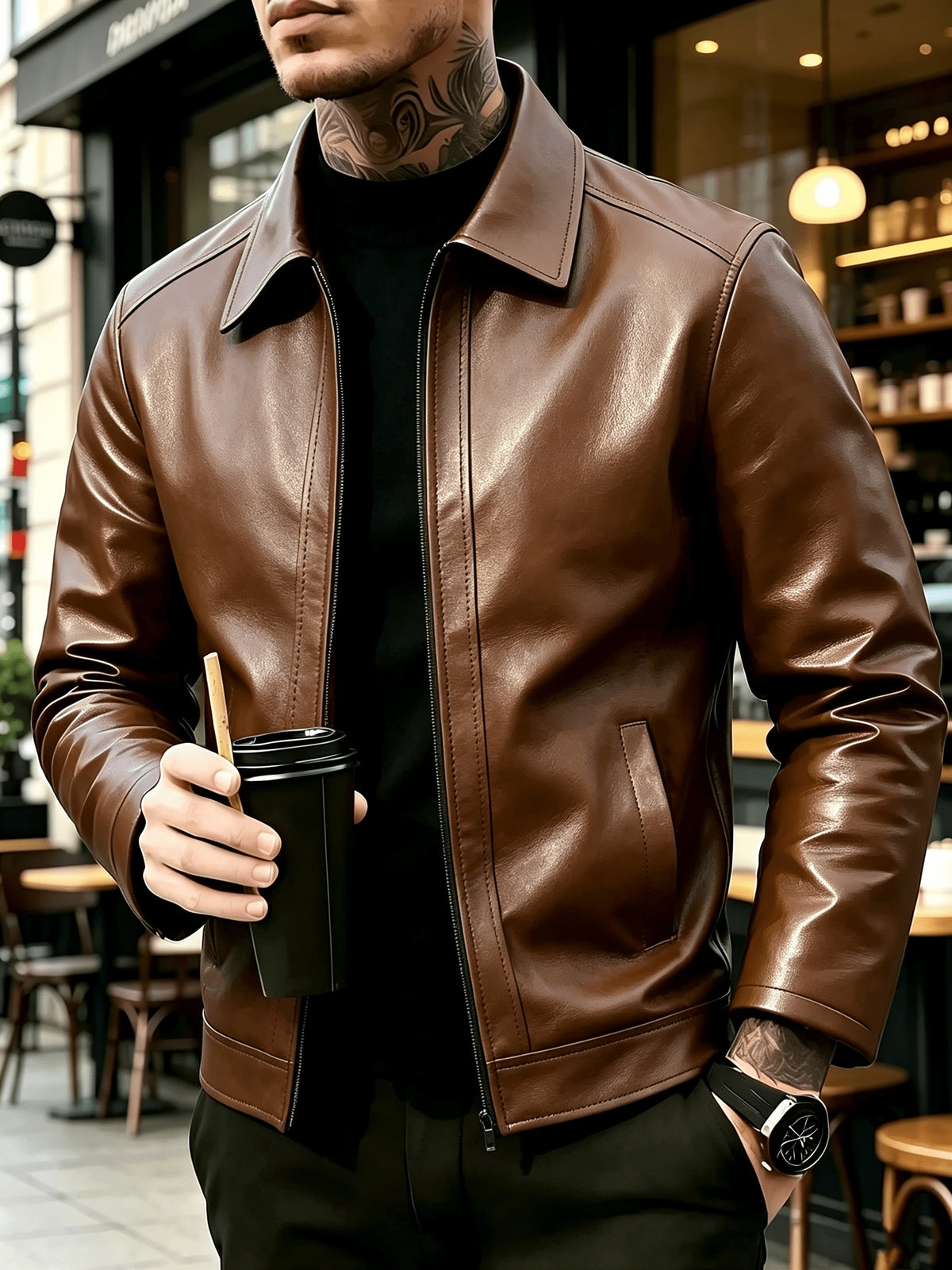 Men's Casual Lapel Zip-Up Jacket Lightweight PU Outerwear
