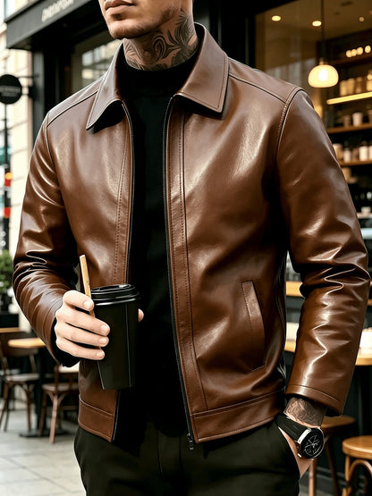 Men's Casual Lapel Zip-Up Jacket Lightweight PU Outerwear