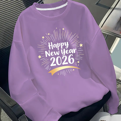 Men's Happy New Year 2026 Print Round Neck Sweater - Casual Long Sleeve Pullover with Chinese/English Lettering, Machine Washable Winter Sweaters for Parties, Daily Wear & New Year Gifts (Happy 2026 Design)
