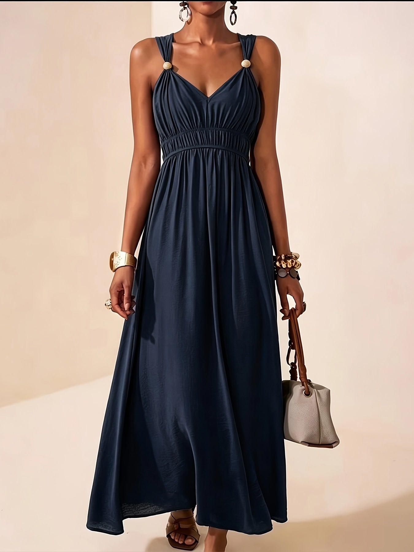 Elegant Summer V-Neck Beaded Sleeveless Waist-Cinching Dress