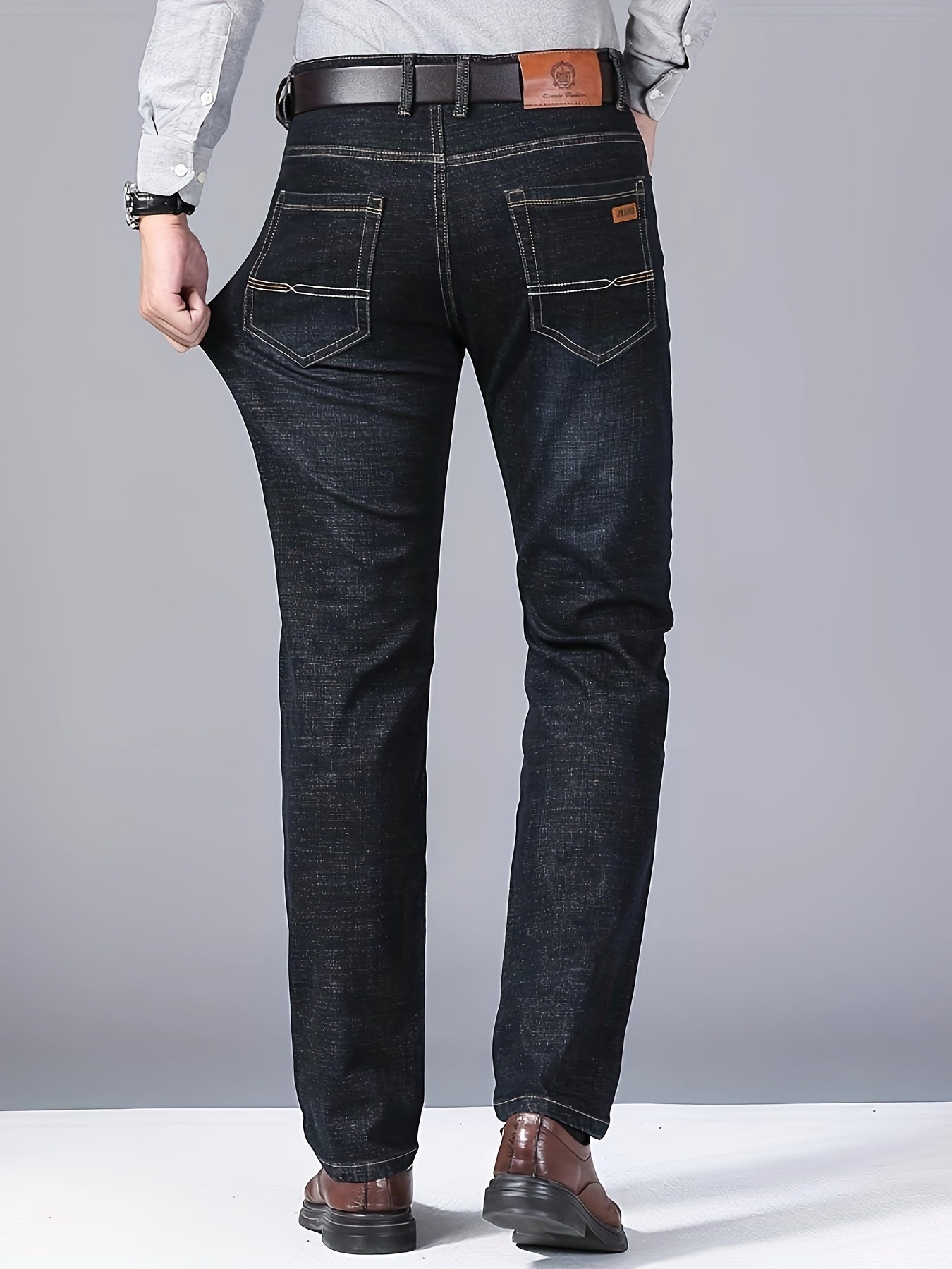 Men's Classic Business Casual Jeans - All-Season Black Denim with Patch Detail, Comfort Fit & Versatile Style
