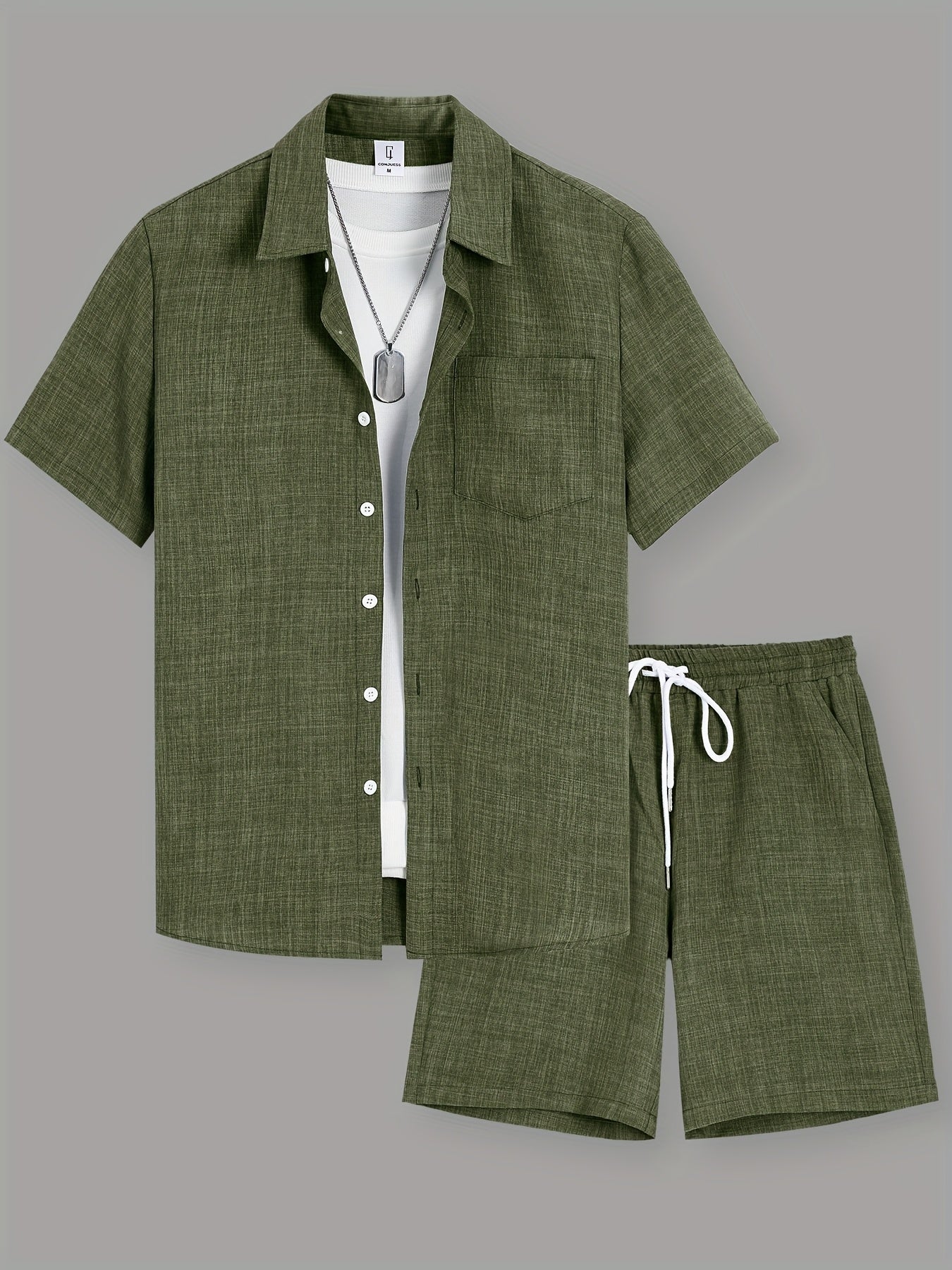 Men's Summer Casual Solid Color Shirt and Shorts Set
