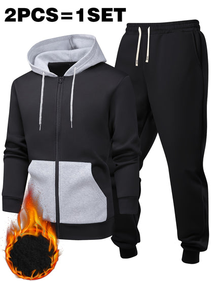 95% Polyester, 5% Spandex 2pcs Men's Set, -Lined Warm Casual Color-Block Zip-Up Sweatshirt with Pockets + Drawstring Pocket Elastic Waist Jogger Pants, 250g Men's Casual Sportswear Set, Global Four-Season Base Layer, Factory-