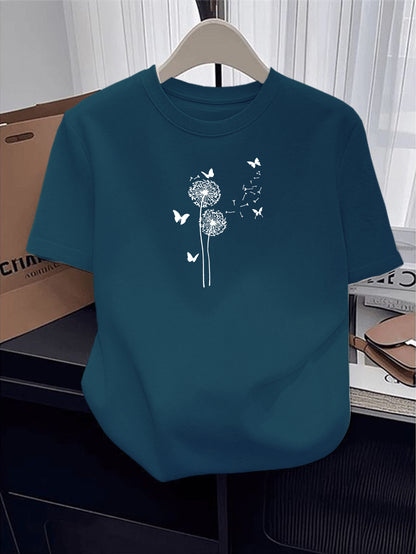 Women’s Cotton Casual T-Shirt with Dandelion & Butterfly Print