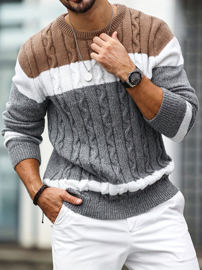 Տղամարդու գունավոր թվիդից տրիկոտաժե սվիտեր, կլոր օձիքով, երկար թևքերով, գունավոր տրիկոտաժե, բաց մոխրագույն՝ գործնական և առօրյա զբոսանքների համար