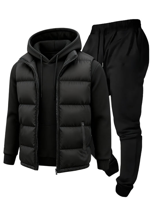 Men's Casual 3-Piece Polyester Hoodie and Jogger Set